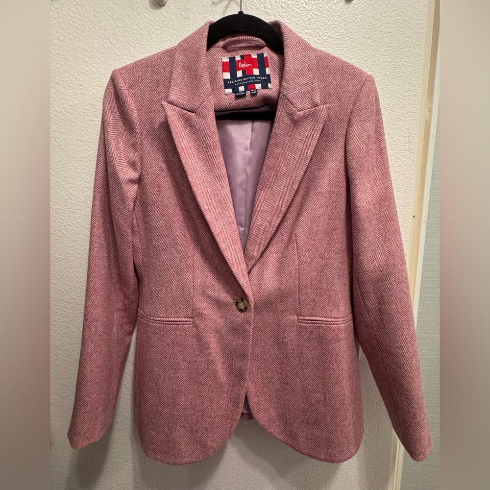 BODEN Heritage British Tweed 100% Wool Blazer Light Pink Herringbone Size 8R